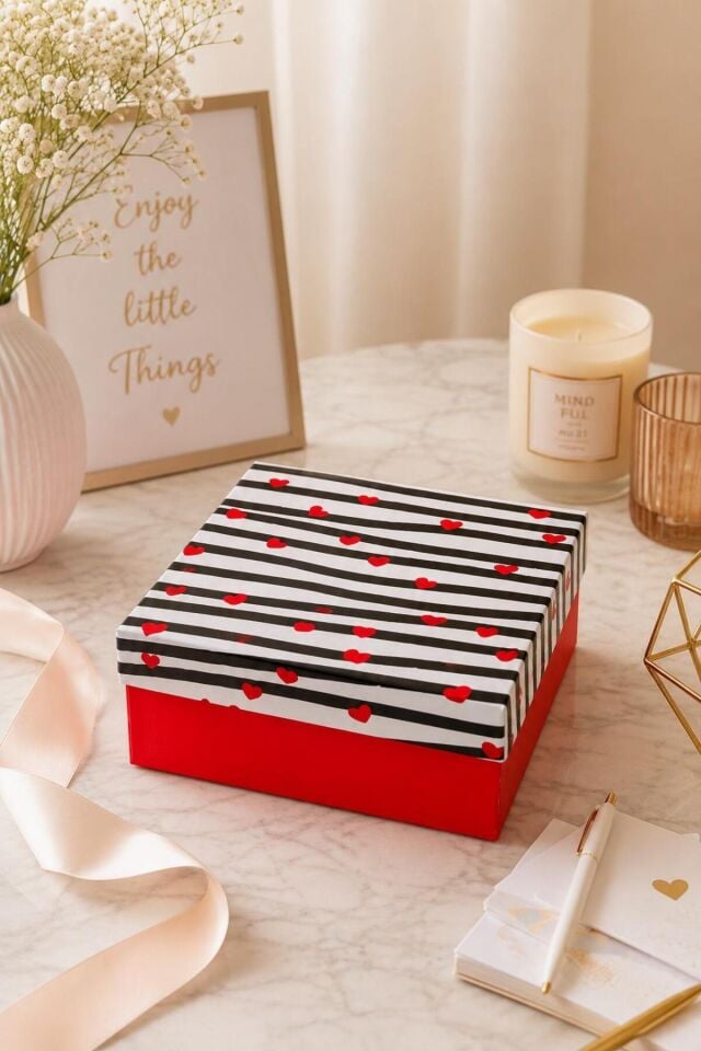 Kalp Desen Hediyelik Dekoratif Sevgiler Günü Kutusu19x19x8 cm