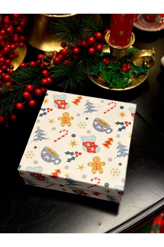2 li Takım Yılbaşı Hediye Kutusu 20x20 Taslama Kutu Kardan Adam Kurabiye Dekoratif Kutu