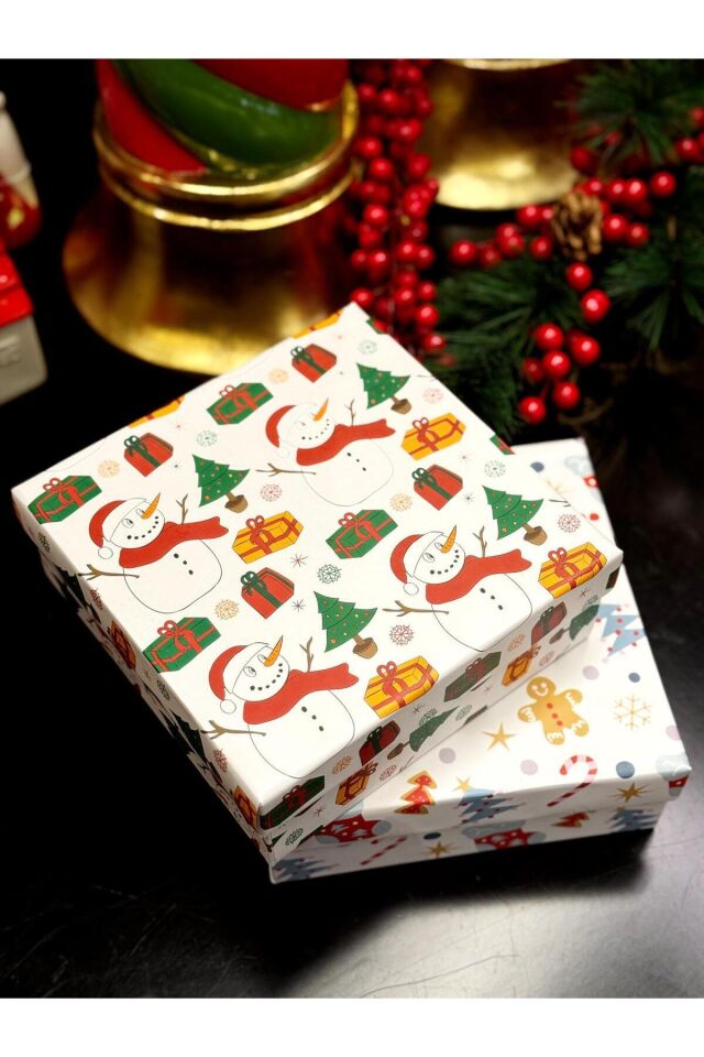 2 li Takım Yılbaşı Hediye Kutusu 20x20 Taslama Kutu Kardan Adam Kurabiye Dekoratif Kutu