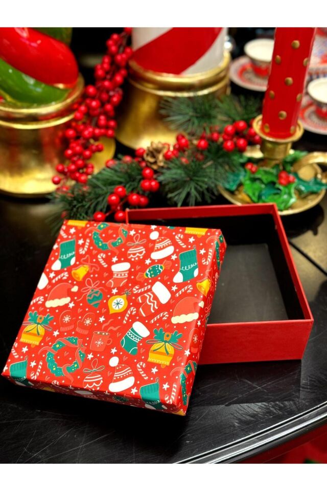 2‘li Yılbaşı Hediye Kutusu 20x20 cm Hediye paketi Taslama Kutu Kardan Adam Dekoratif Kutu