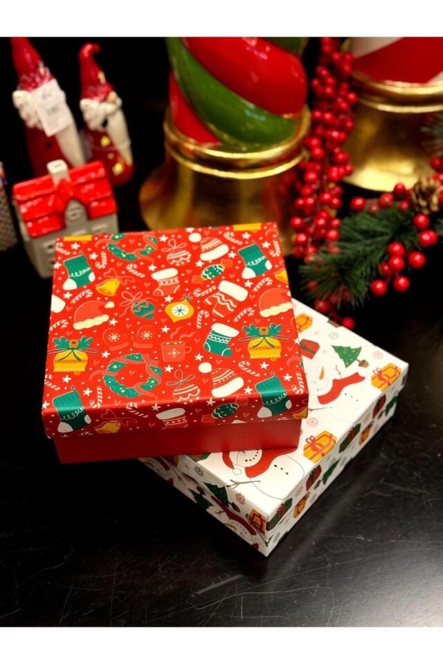 2‘li Yılbaşı Hediye Kutusu 20x20 cm Hediye paketi Taslama Kutu Kardan Adam Dekoratif Kutu