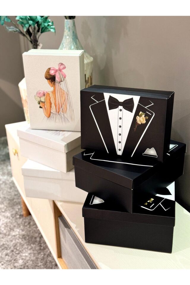 2’li Smokin Desenli Damat ve Pembe Fiyonk Gelin Çeyiz Kutusu Damat Bohça ve Gelin Kutusu 2’li Set