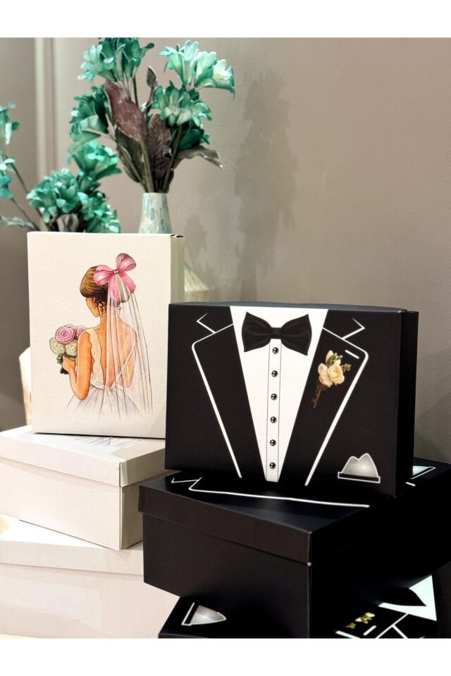 2’li Smokin Desenli Damat ve Pembe Fiyonk Gelin Çeyiz Kutusu Damat Bohça ve Gelin Kutusu 2’li Set