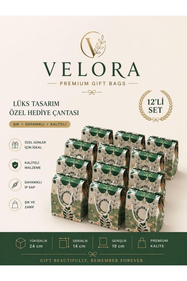 Velora 12'li Premium Karton Poşet Hediye Paketi Karton Çanta 24x14x20cm