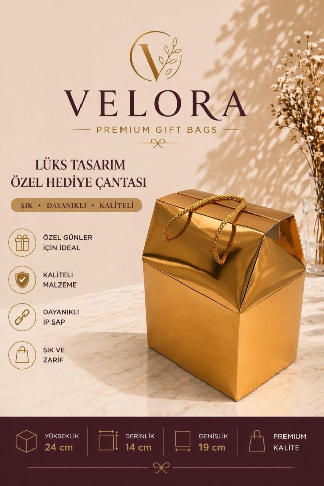 Velora 12'li Premium Karton Poşet Hediye Paketi Karton Çanta 24x14x20cm