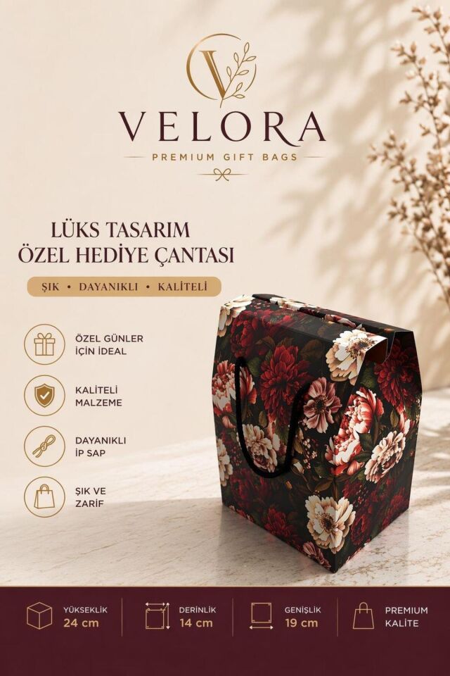 Velora 12'li Premium Karton Poşet Hediye Paketi Karton Çanta 24x14x20cm