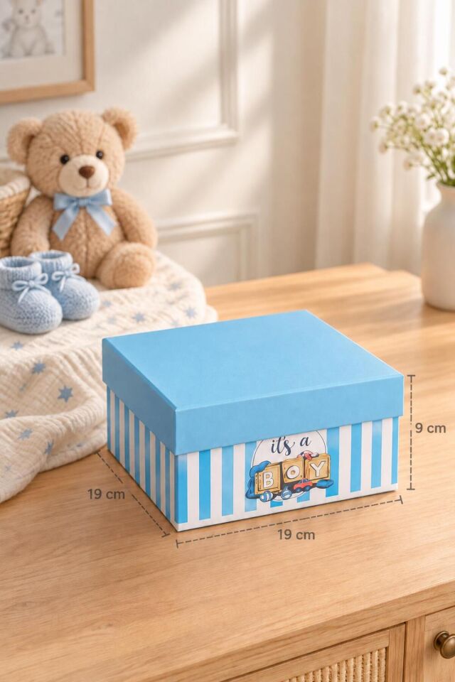 Mavi Çizgili Erkek Bebek Taslama Hediye Kutusu 3'lü Set