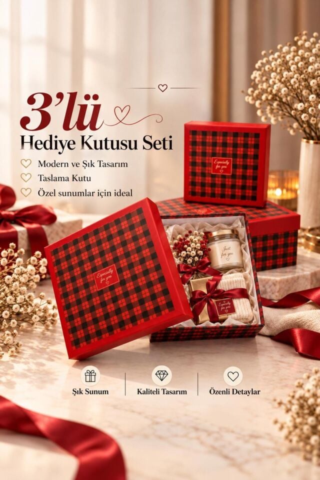 Kırmızı-Siyah İskoç Desenli 3'lü Dekoratif Hediye Kutusu Seti
