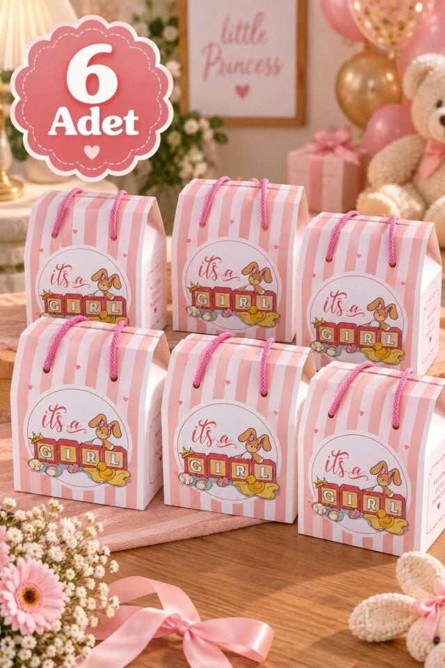Prestige It's a Girl Pembe Baby Shower İpli Kulplu Hediye Çantası 6 Adet