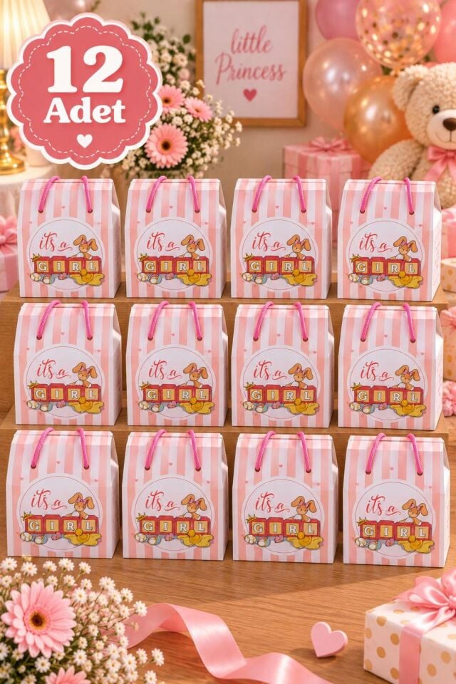 Prestige It's a Girl Pembe Baby Shower İpli Kulplu Hediye Çantası 12 Adet