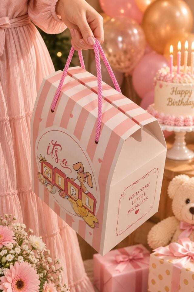 Prestige It's a Girl Pembe Baby Shower İpli Kulplu Hediye Çantası 12 Adet